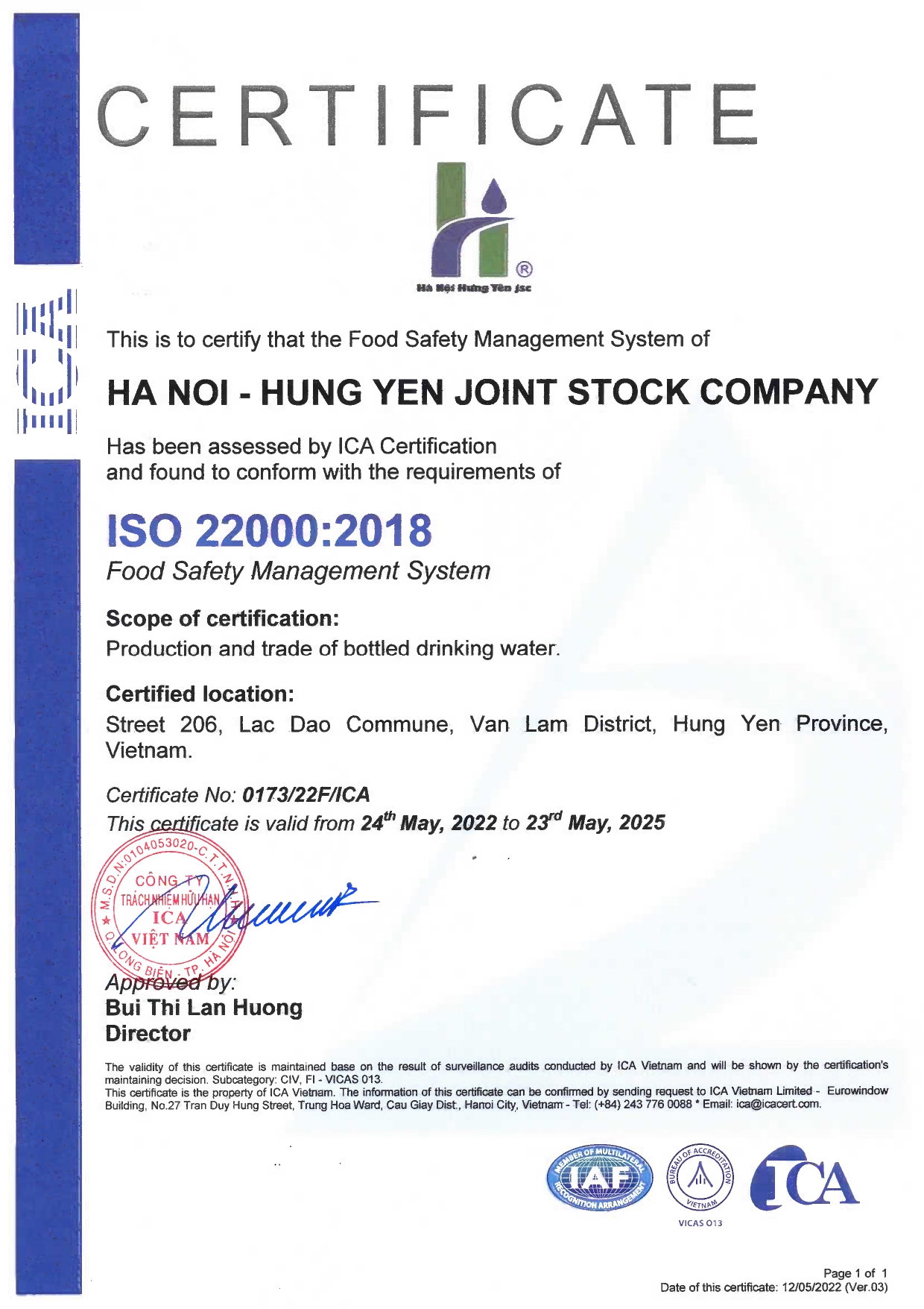 Certificate ISO 22000-2018