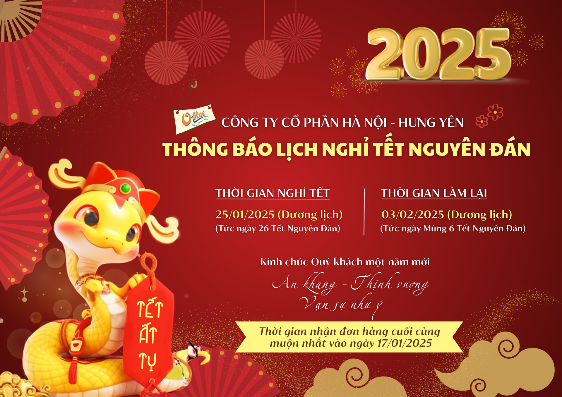 THÔNG BÁO LỊCH NGHỈ TẾT ẤT TỴ 2025